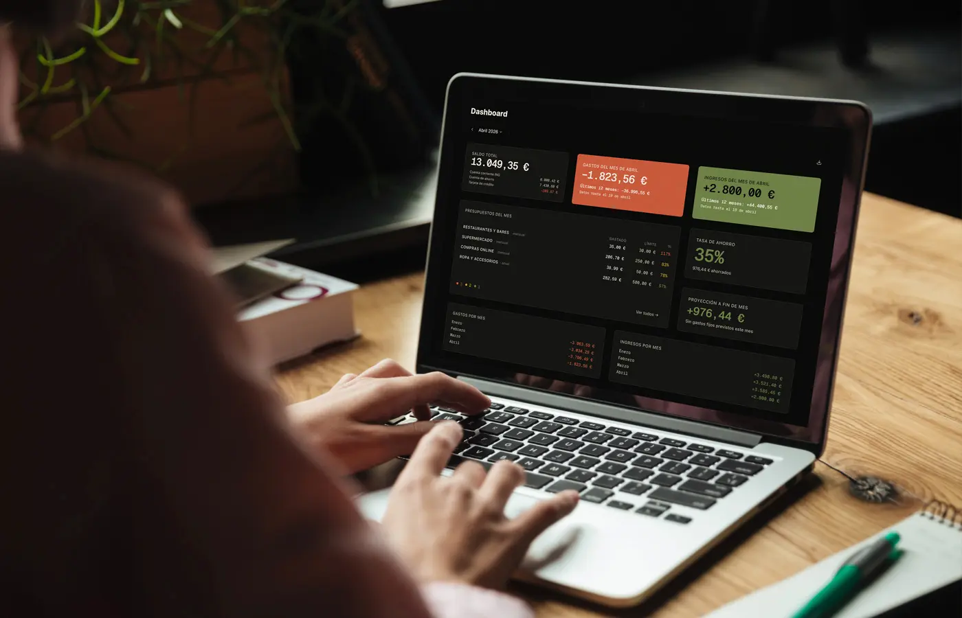 Dashboard de Tharni mostrando gastos mensuales por categoría